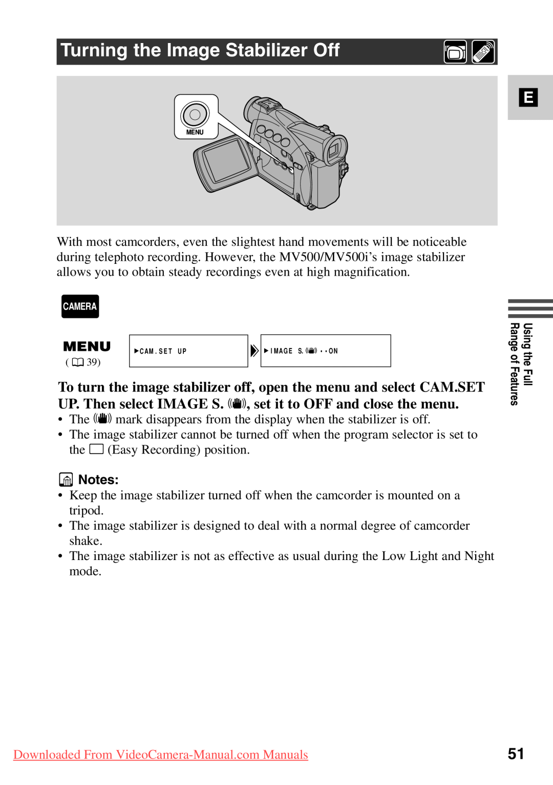 Canon 7561A001, MV500i instruction manual Turning the Image Stabilizer Off, Downloaded From VideoCamera-Manual.com Manuals 