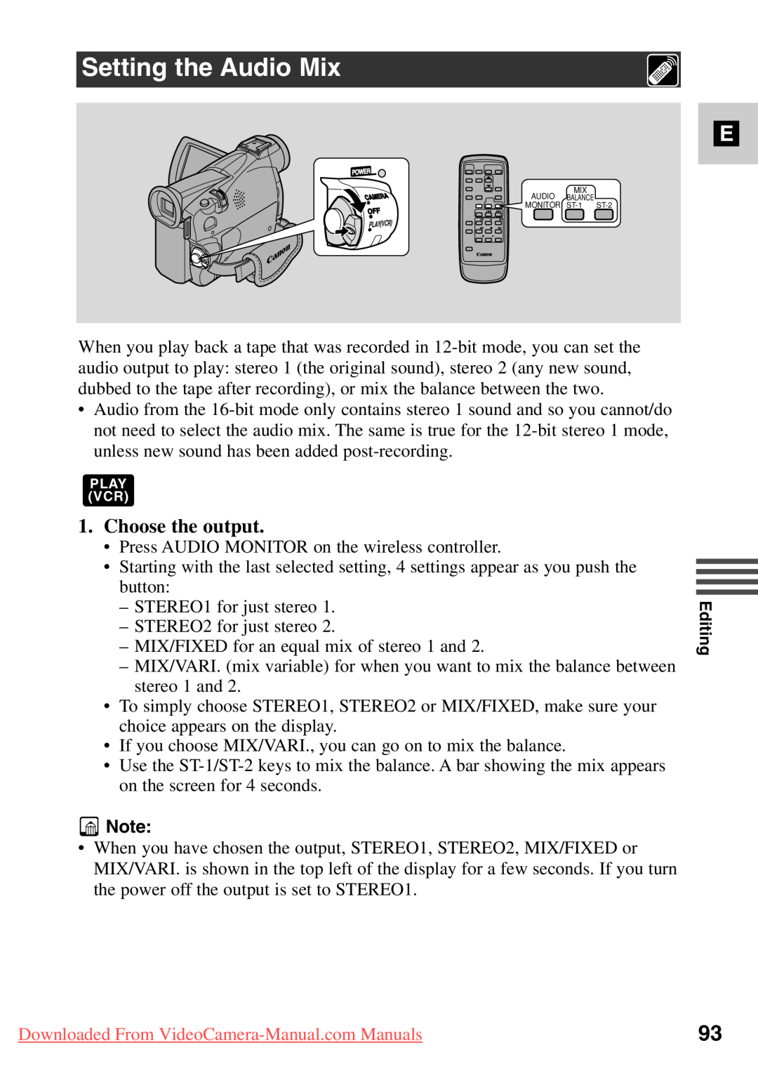 Canon 7561A001, MV500i Setting the Audio Mix, Choose the output, Downloaded From VideoCamera-Manual.com Manuals 