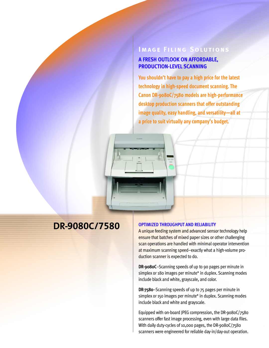 Canon 7580, DR-9080C manual Image Filing Solutions, Optimized Throughput and Reliability 