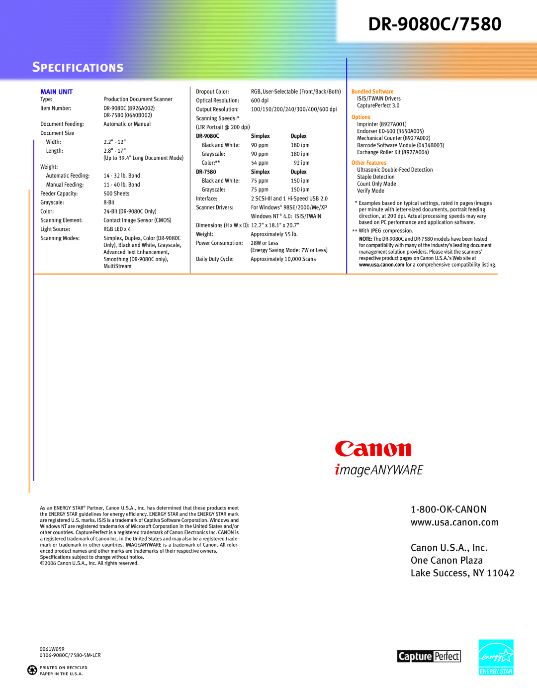 Canon 7580, DR-9080C manual Specifications, Main Unit 