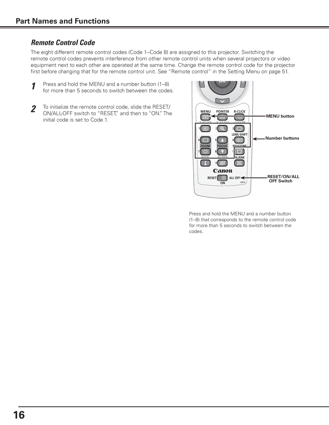 Canon 7585 manual Remote Control Code 