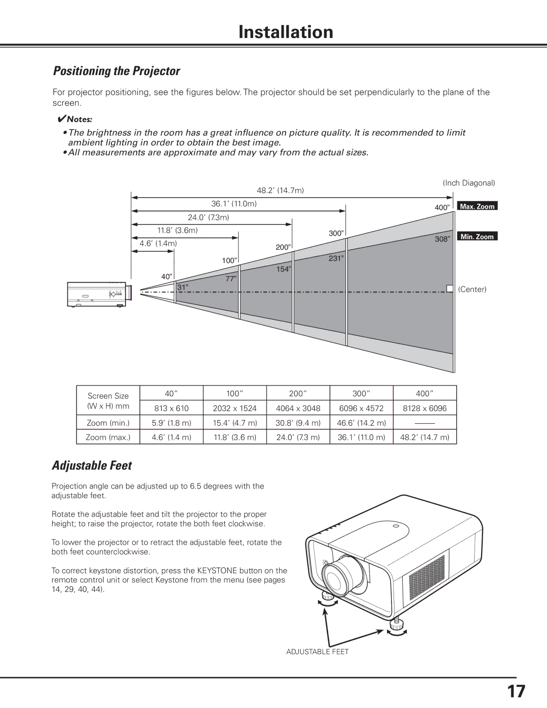 Canon 7585 manual Installation, Positioning the Projector, Adjustable Feet 