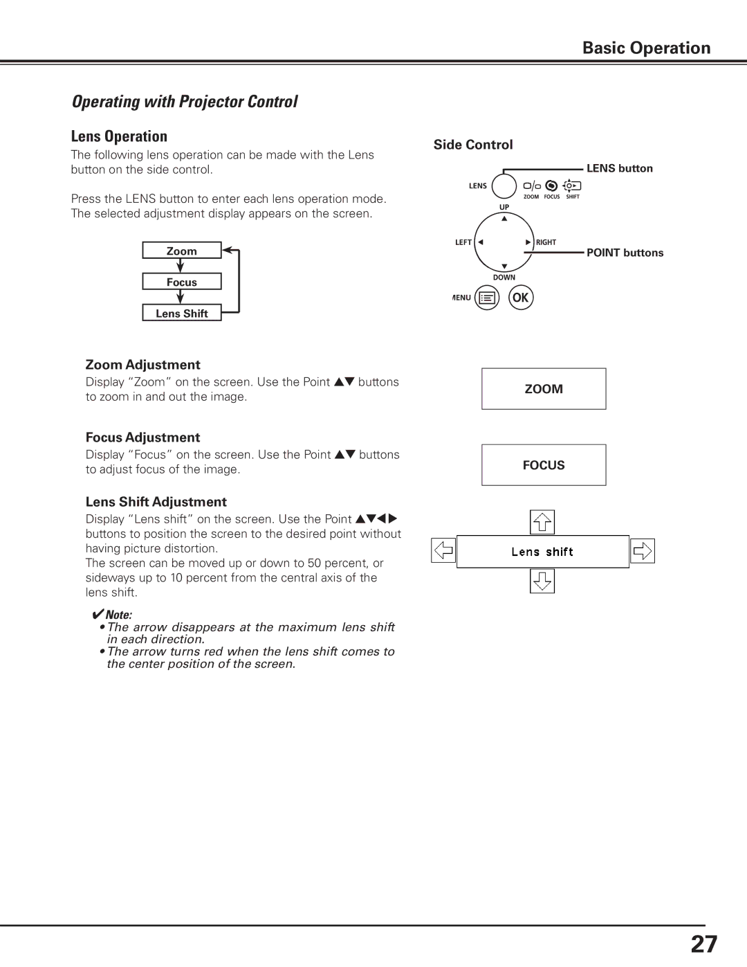 Canon 7585 manual Operating with Projector Control, Zoom Adjustment, Focus Adjustment, Lens Shift Adjustment 