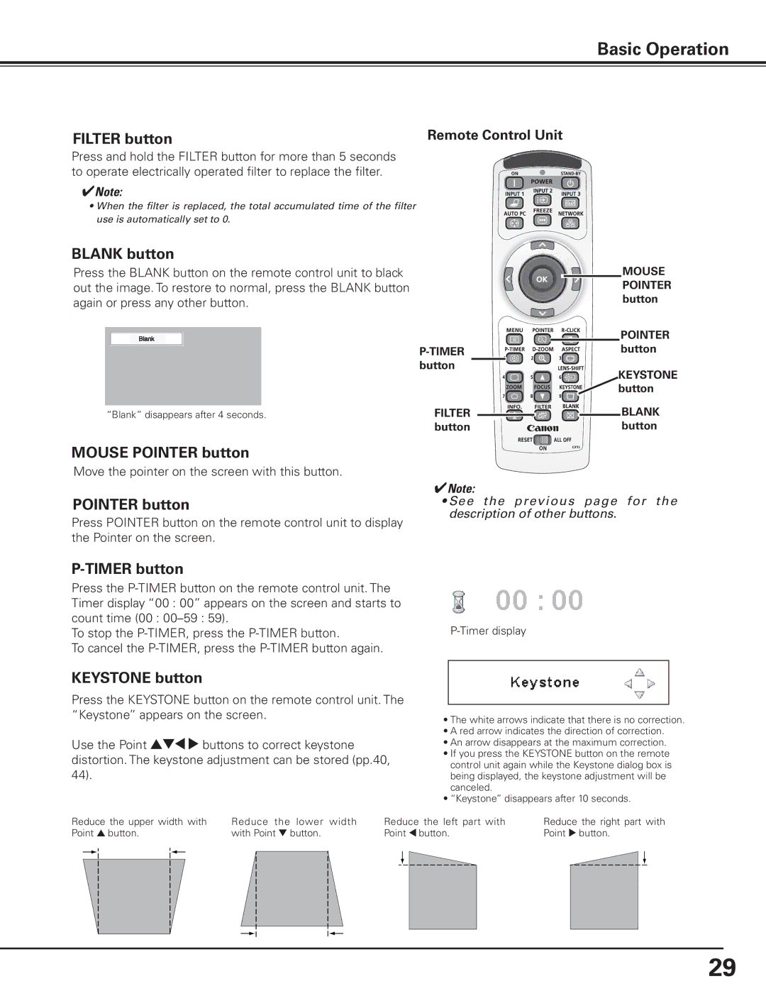 Canon 7585 manual Filter button, Blank button, Mouse Pointer button, Timer button, Keystone button 