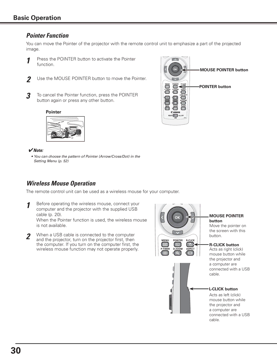 Canon 7585 manual Pointer Function, Wireless Mouse Operation 