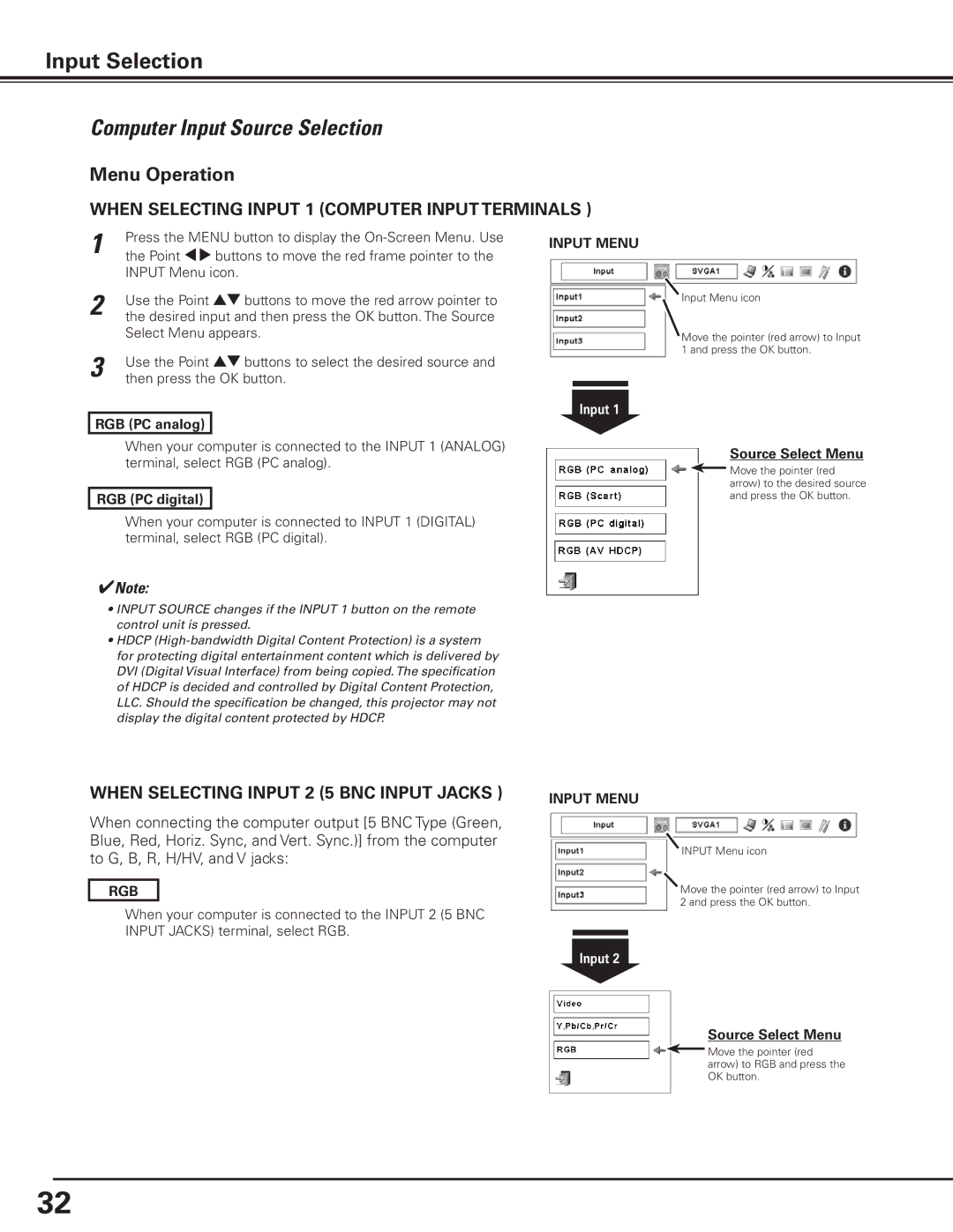 Canon 7585 manual Computer Input Source Selection, Menu Operation, Input Menu, Source Select Menu 