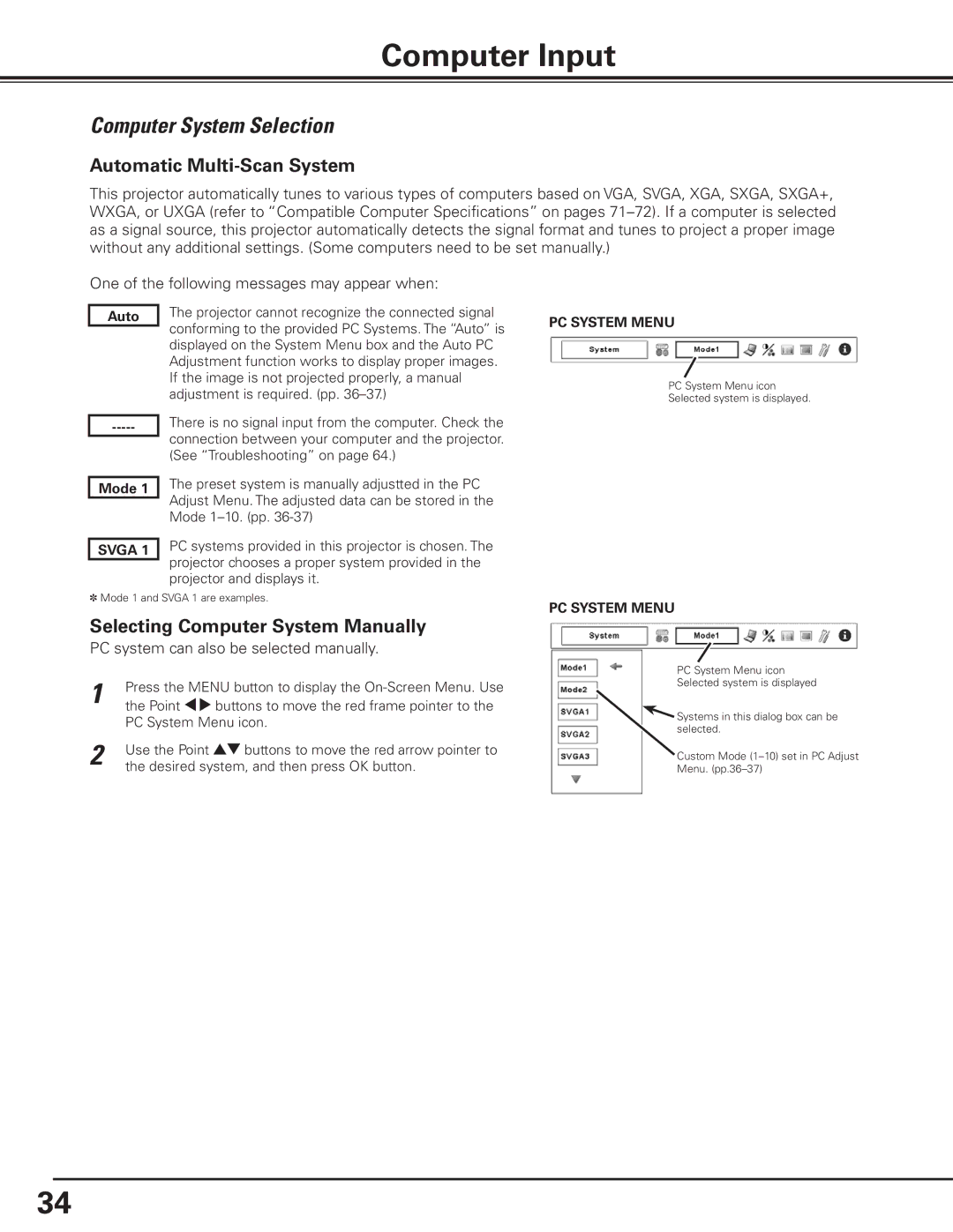 Canon 7585 Computer Input, Computer System Selection, Automatic Multi-Scan System, Selecting Computer System Manually 