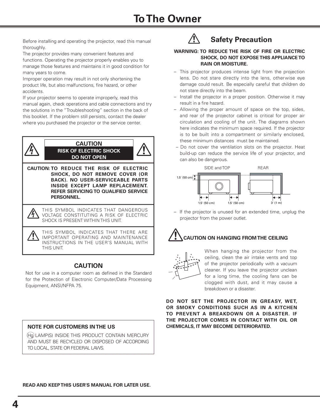 Canon 7585 manual To The Owner, Risk of Electric Shock Do not Open 