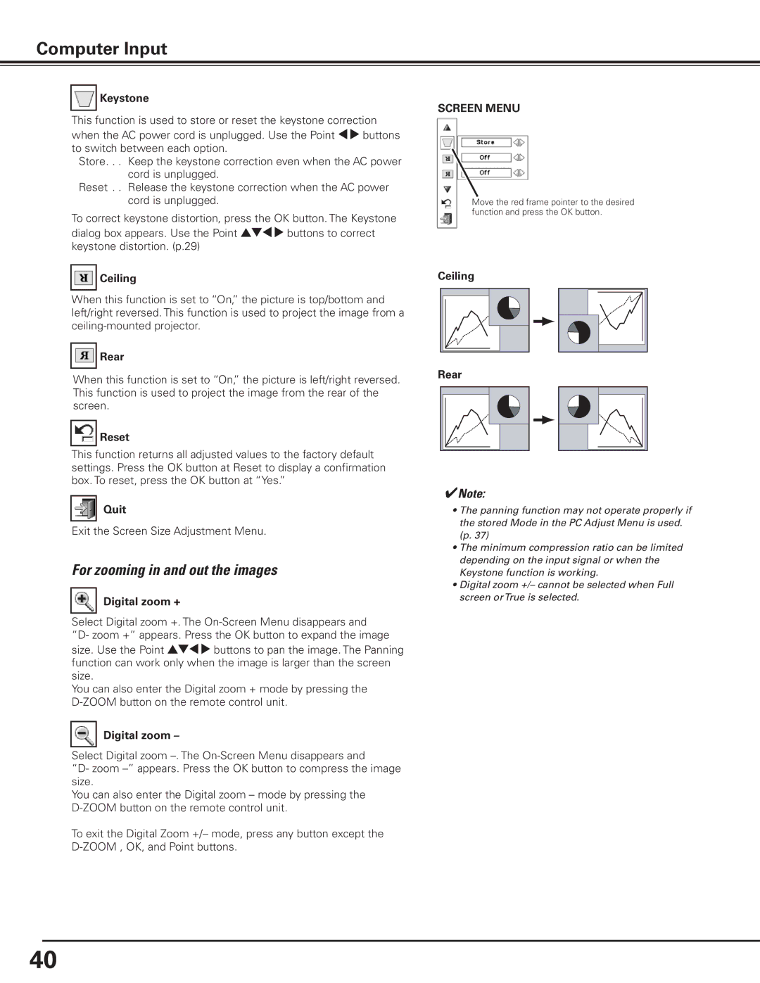 Canon 7585 manual Keystone, Ceiling, Rear, Digital zoom + 