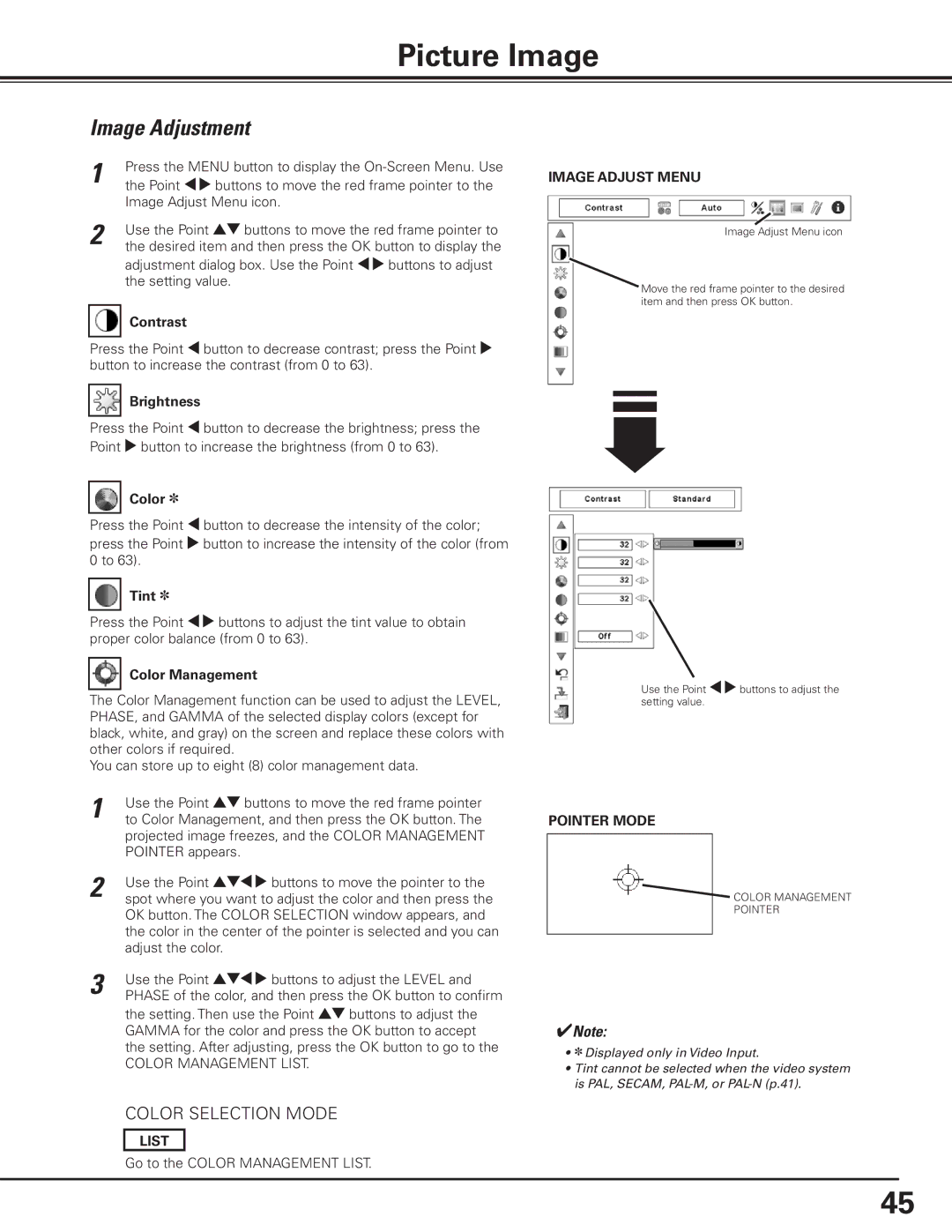 Canon 7585 manual Picture Image, Image Adjustment, List, Image Adjust Menu, Pointer Mode 