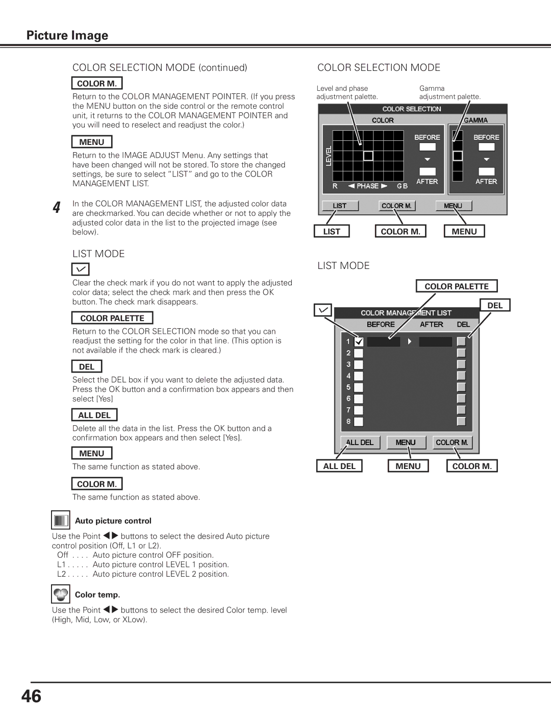 Canon 7585 manual List Color M Menu, All Del, Color Palette DEL Menu Color M 