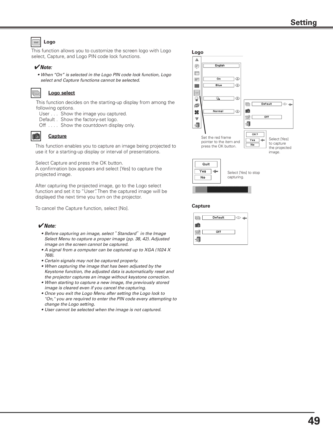 Canon 7585 manual Logo select, Logo Capture 