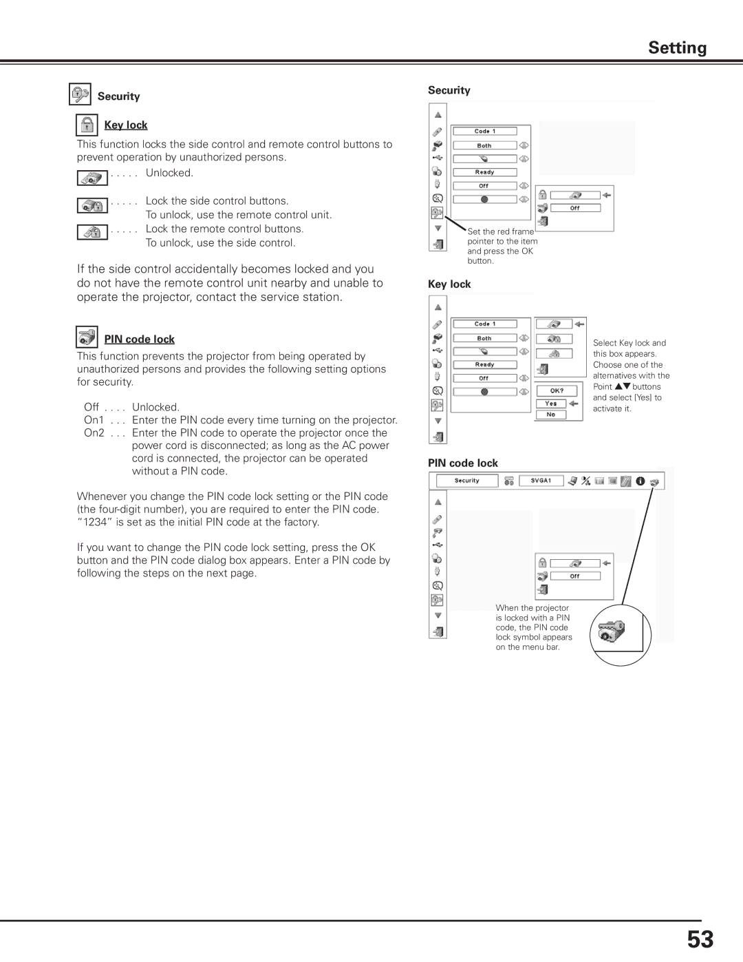 Canon 7585 manual Security Key lock, PIN code lock 