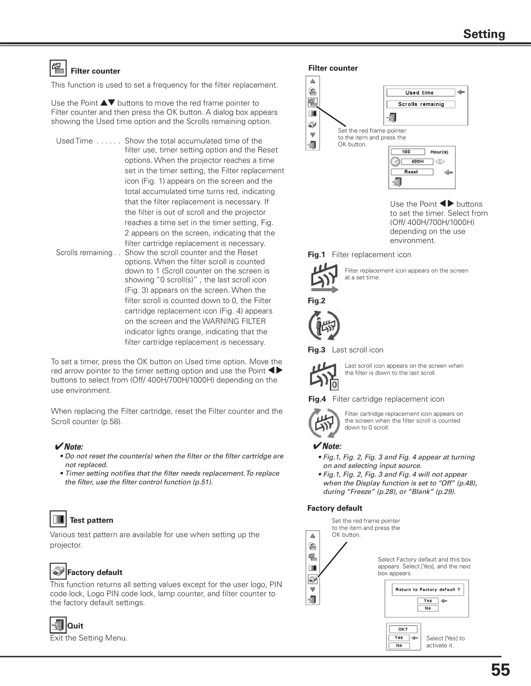 Canon 7585 manual Filter counter, Test pattern, Factory default 