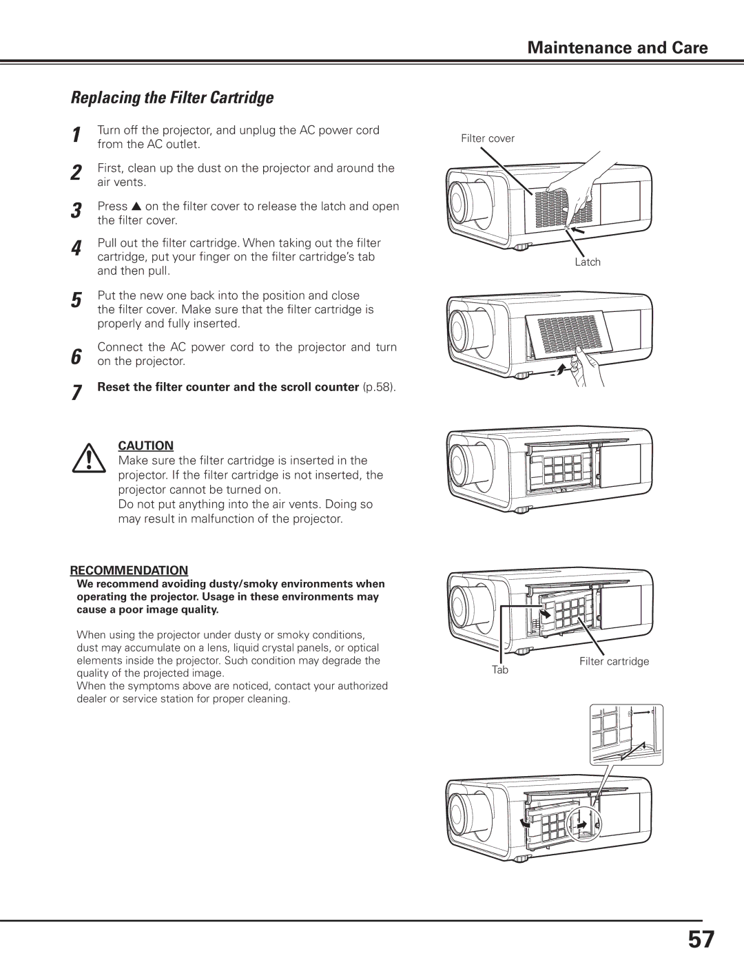 Canon 7585 manual Replacing the Filter Cartridge, Reset the filter counter and the scroll counter p.58 