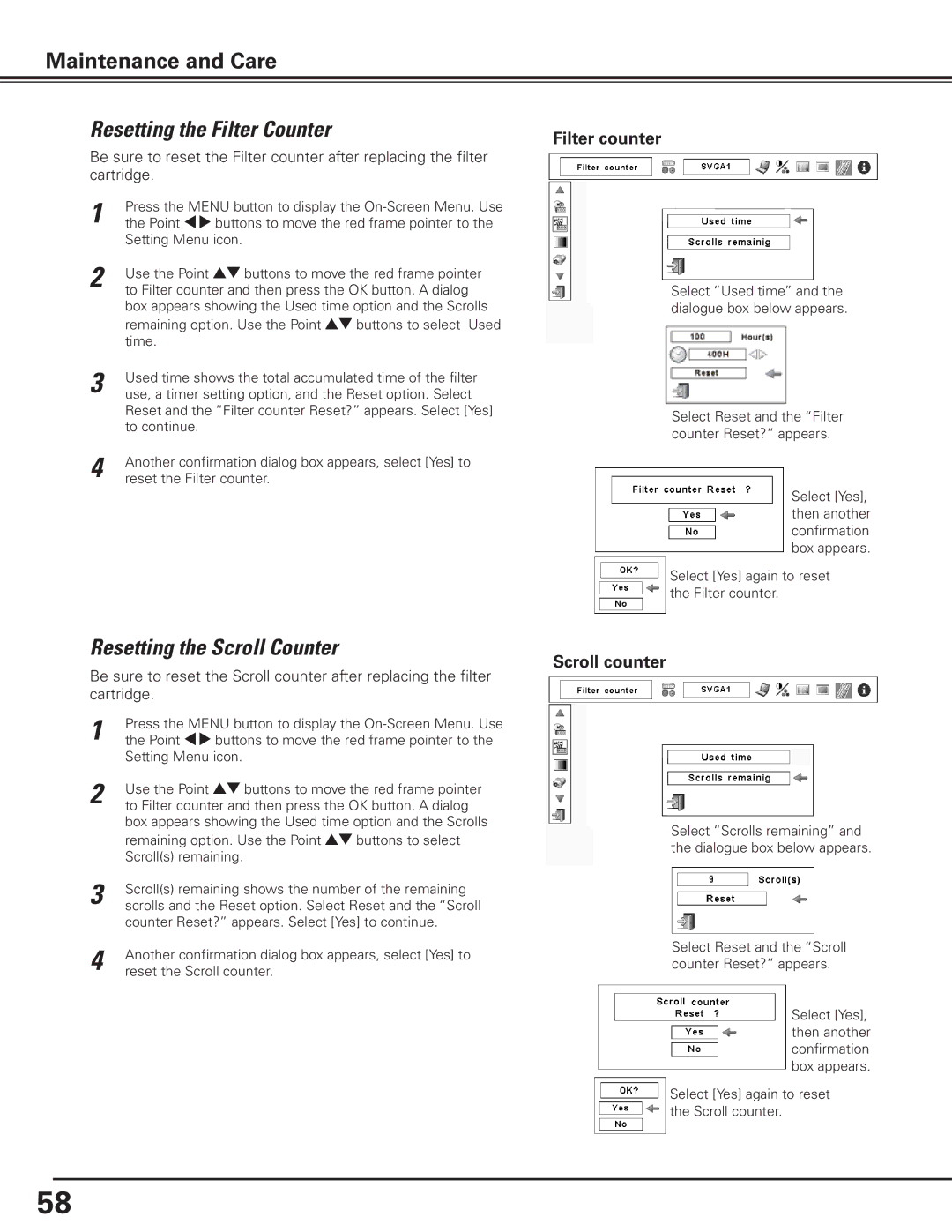 Canon 7585 manual Resetting the Filter Counter, Resetting the Scroll Counter, Filter counter, Scroll counter 