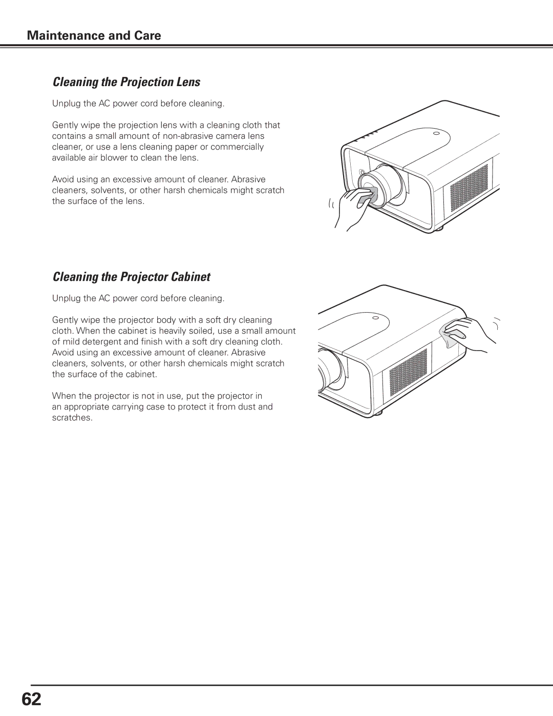 Canon 7585 manual Cleaning the Projection Lens, Cleaning the Projector Cabinet 