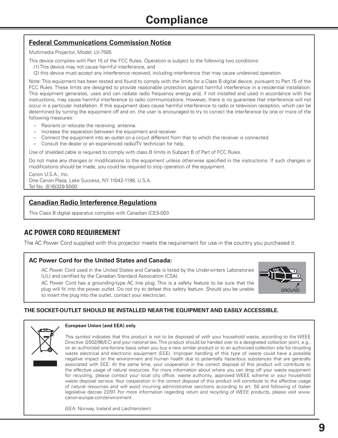 Canon 7585 manual Compliance, Federal Communications Commission Notice, Canadian Radio Interference Regulations 