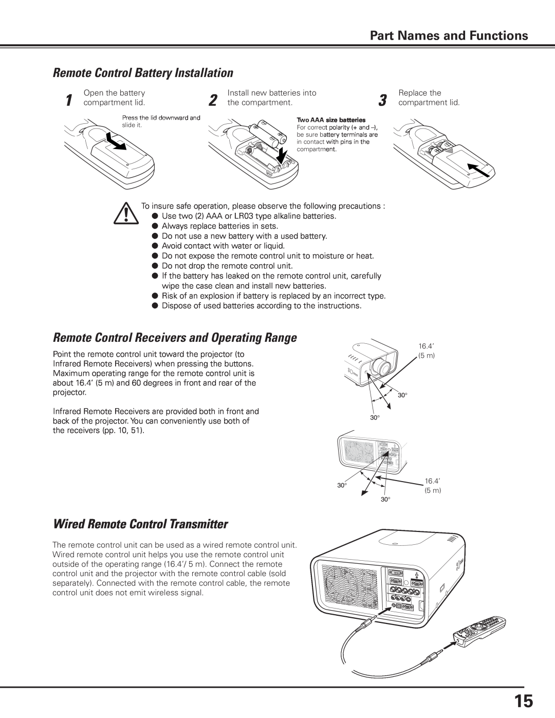 Canon 7585 Remote Control Battery Installation, Remote Control Receivers and Operating Range, Part Names and Functions 