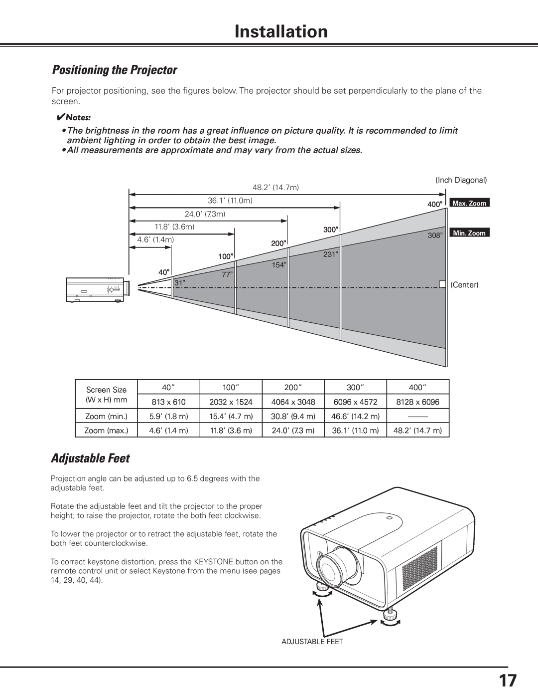 Canon 7585 manual Installation, Positioning the Projector, Adjustable Feet, Notes 