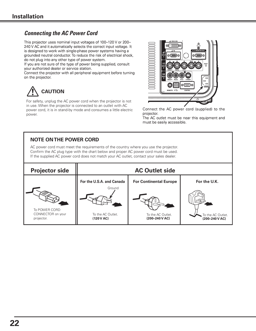 Canon 7585 manual Connecting the AC Power Cord, Projector side, AC Outlet side, Installation, For the U.S.A. and Canada 
