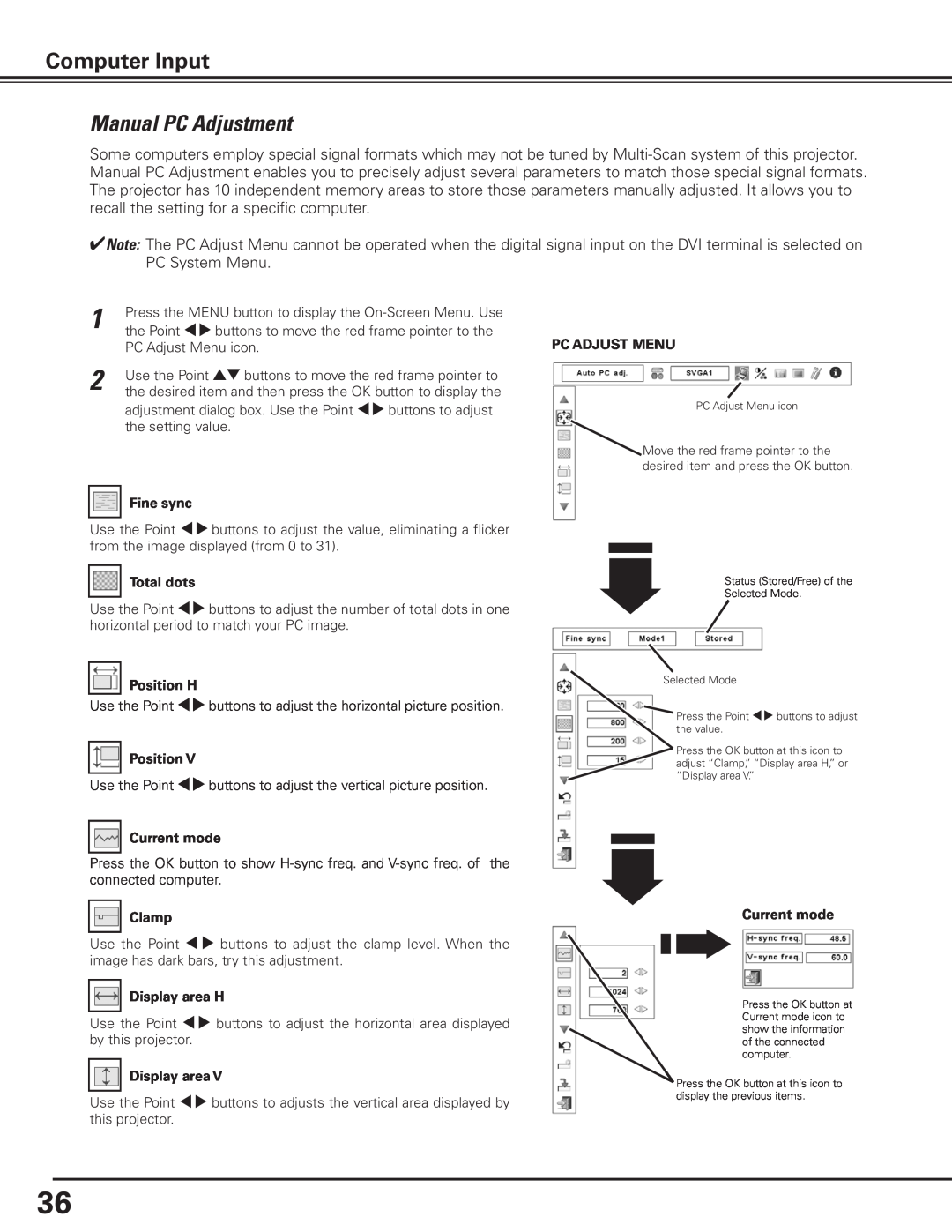 Canon 7585 manual Manual PC Adjustment, Computer Input 