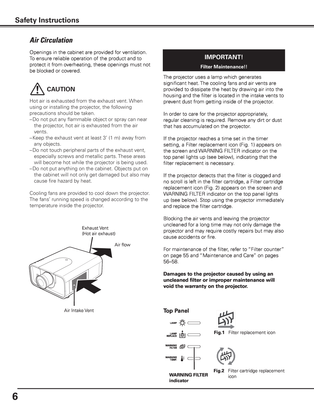 Canon 7585 manual Safety Instructions, Air Circulation, Filter Maintenance 