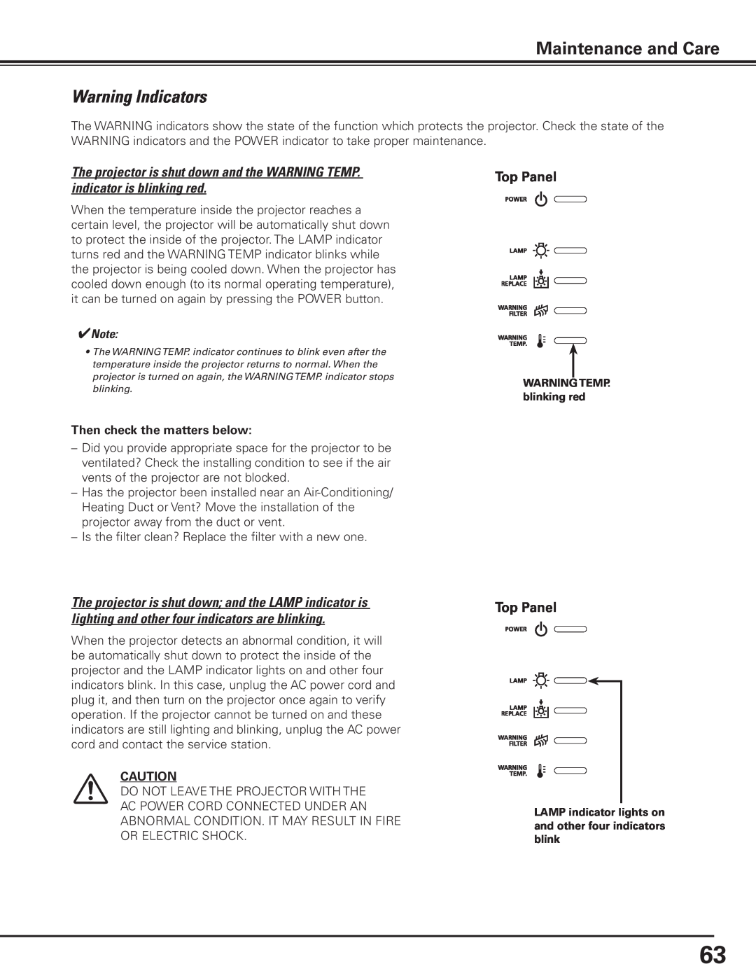 Canon 7585 manual Warning Indicators, Maintenance and Care, Top Panel, Note 