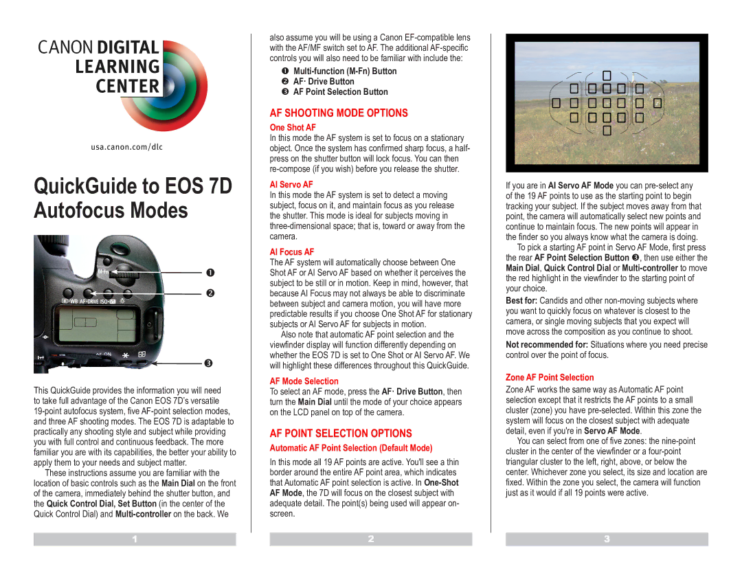 Canon 7D manual AF Shooting Mode Options, AF Point Selection Options 