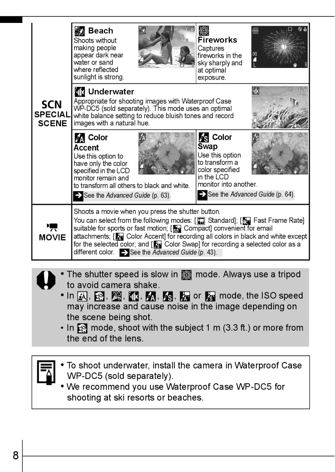 Canon 800 IS manual Beach Fireworks, Underwater, Color Accent Swap 