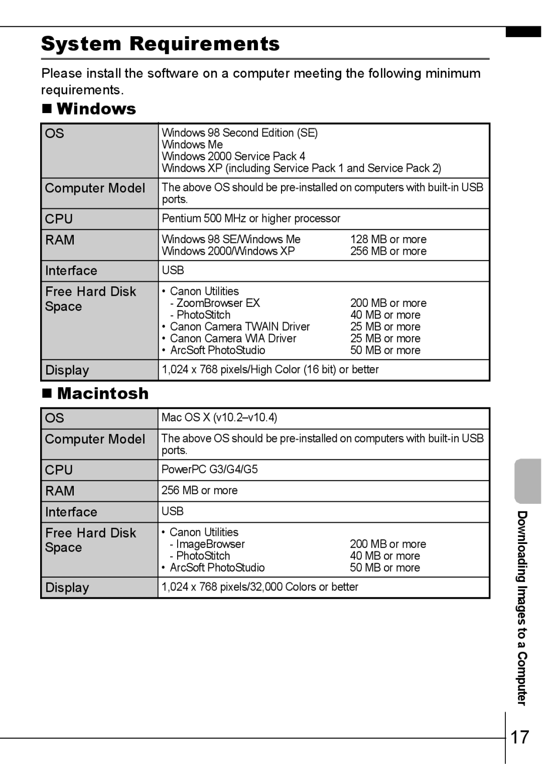 Canon 800 IS manual System Requirements, Windows, Macintosh 