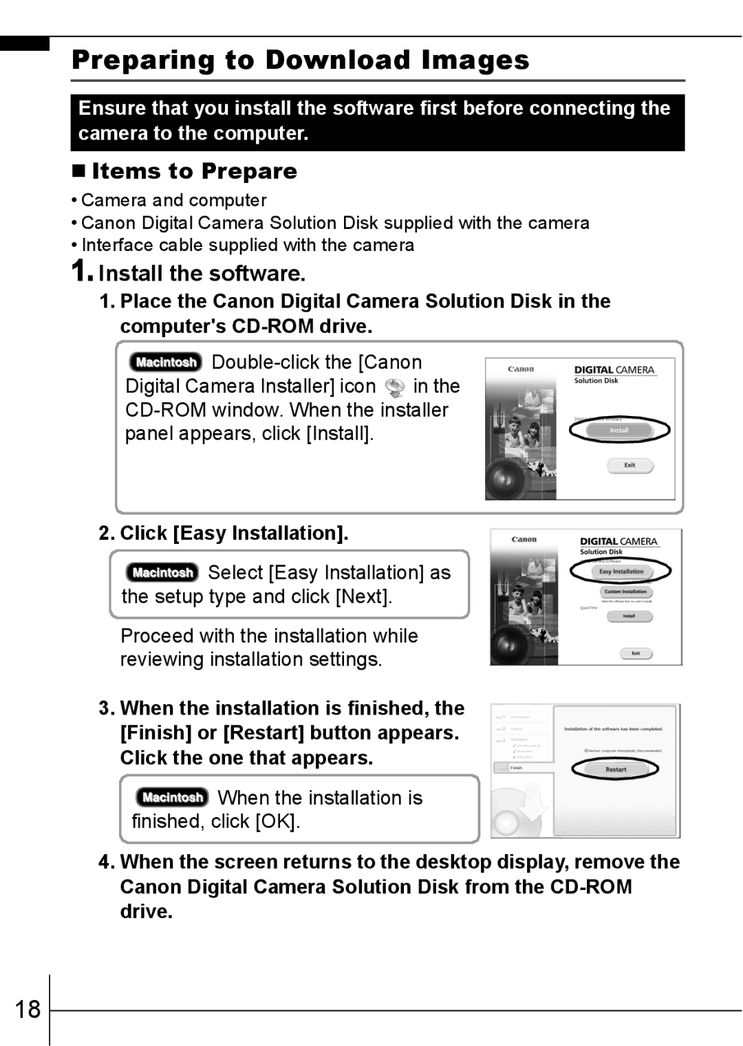 Canon 800 IS manual Preparing to Download Images, Items to Prepare, Install the software, Click Easy Installation 