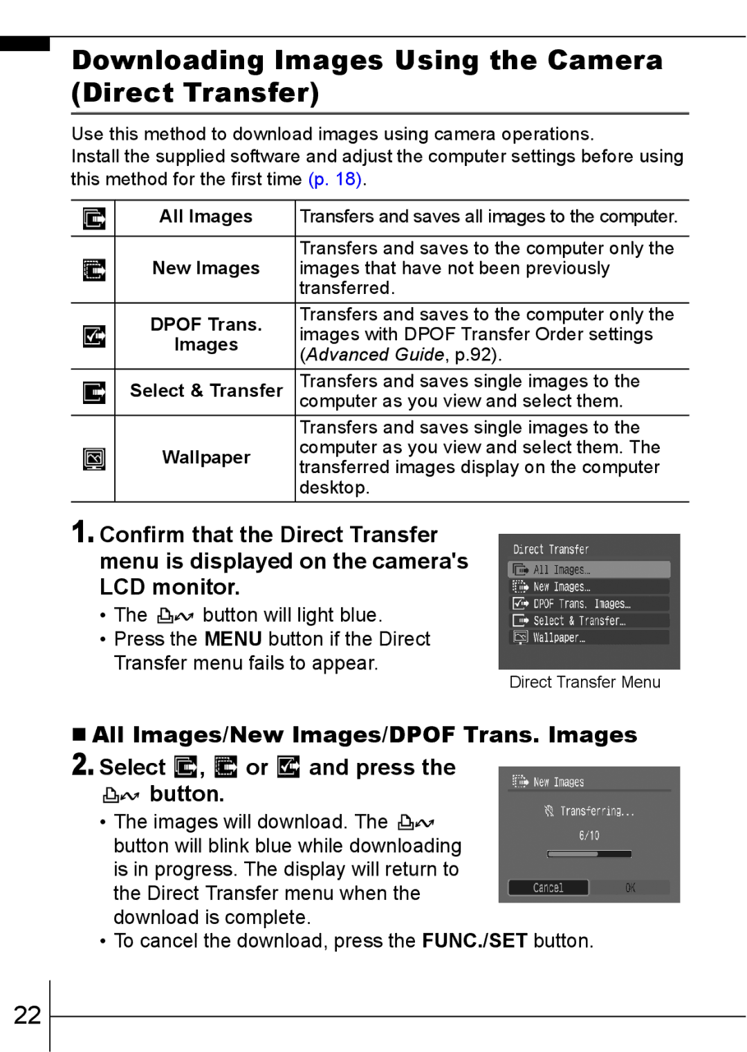 Canon 800 IS manual Downloading Images Using the Camera Direct Transfer, All Images, New Images 