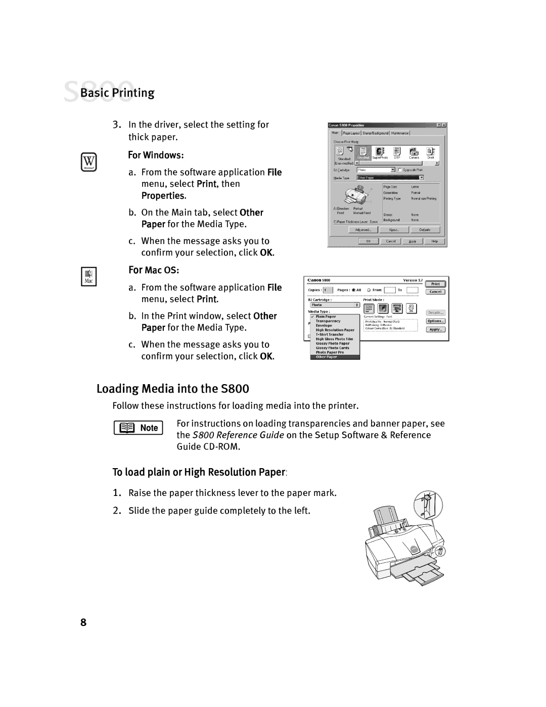 Canon manual Loading Media into the S800, To load plain or High Resolution Paper 