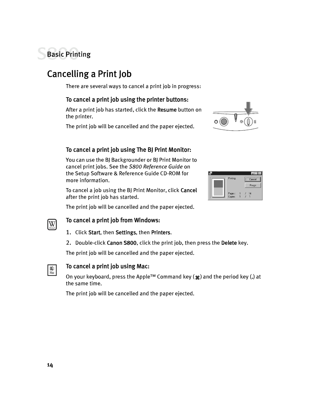 Canon 800 Cancelling a Print Job, To cancel a print job using the printer buttons, To cancel a print job from Windows 