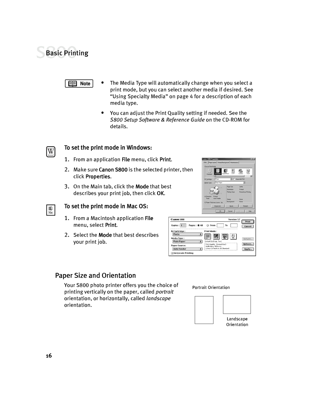 Canon 800 manual Paper Size and Orientation, To set the print mode in Windows, To set the print mode in Mac OS 