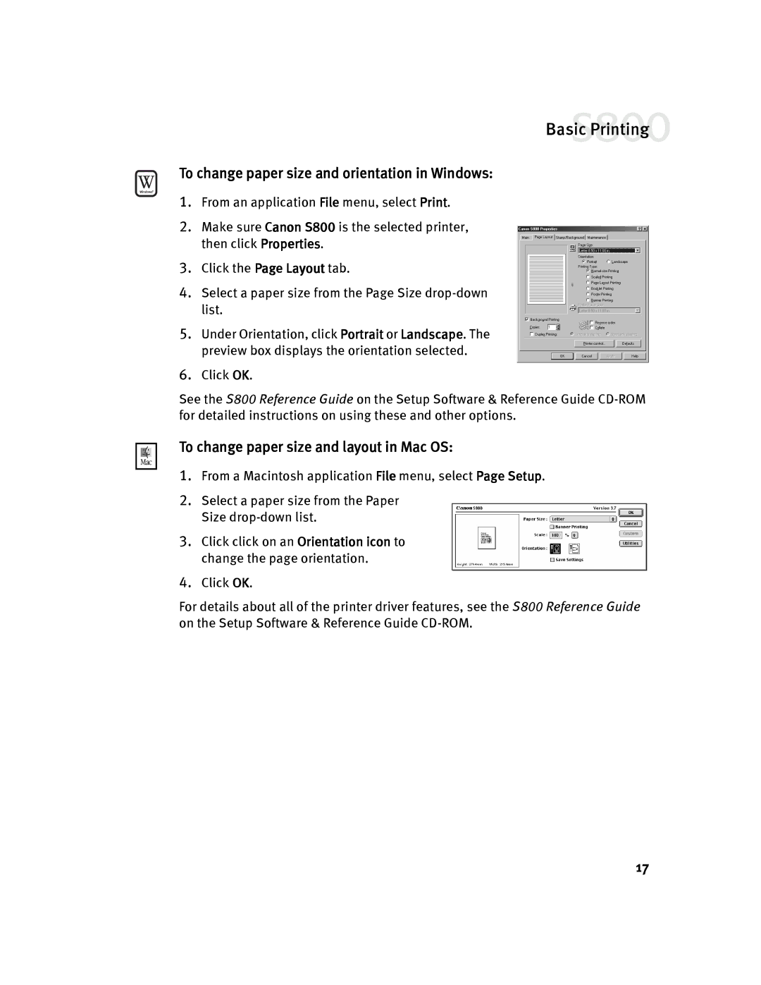 Canon 800 manual To change paper size and orientation in Windows, To change paper size and layout in Mac OS 