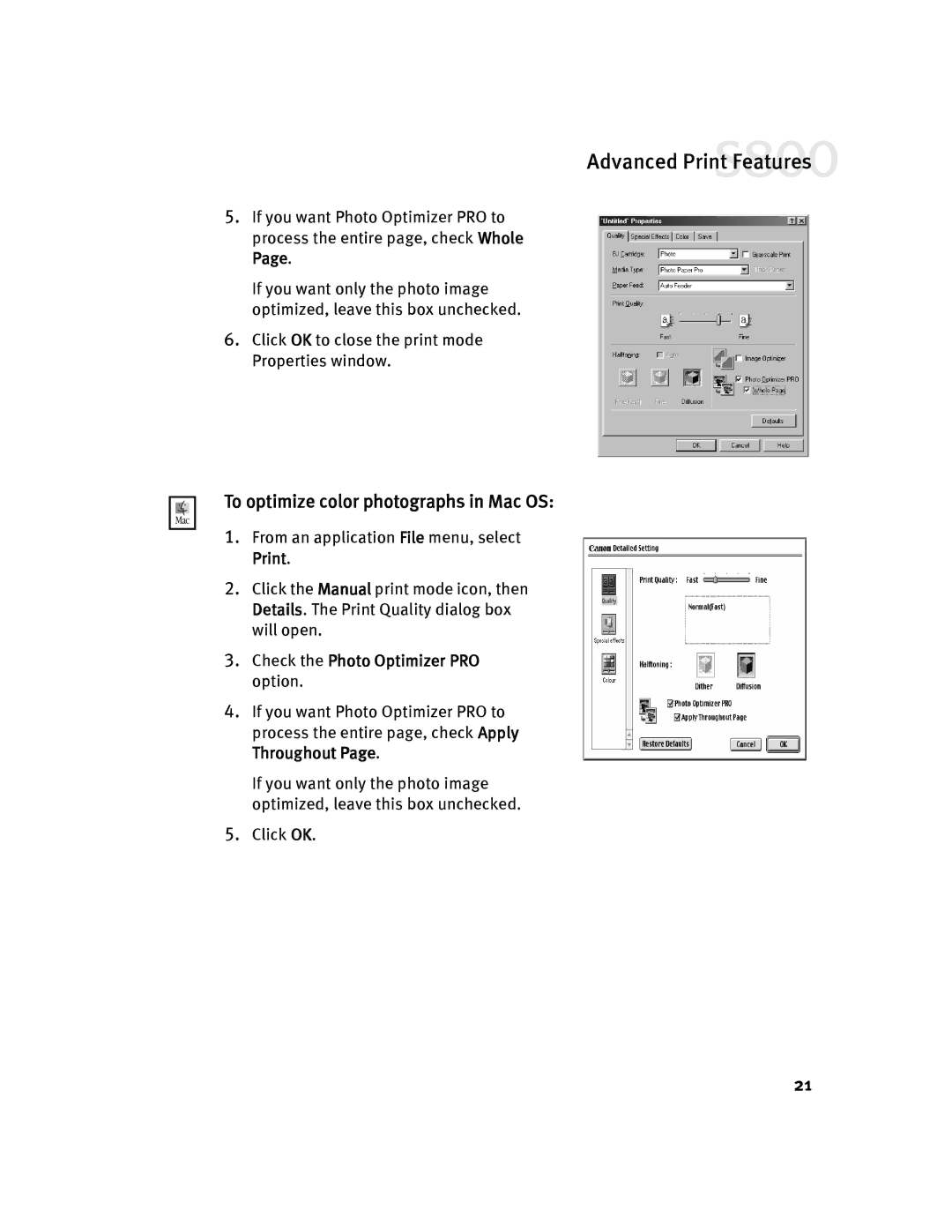 Canon 800 manual To optimize color photographs in Mac OS 