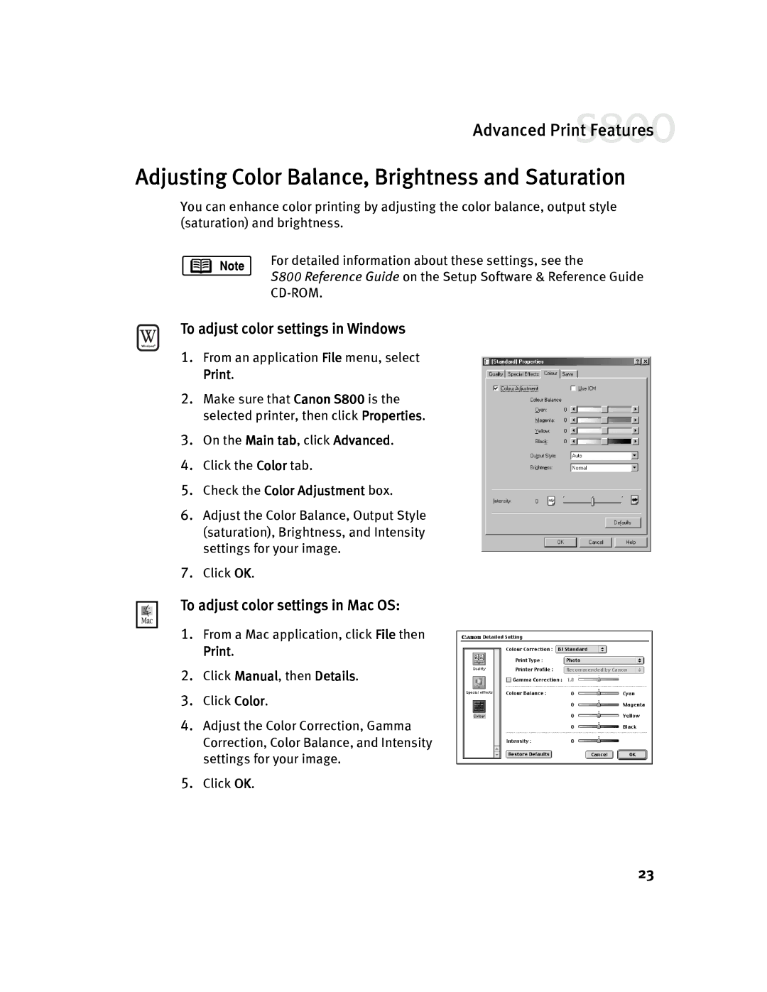 Canon 800 manual Adjusting Color Balance, Brightness and Saturation, To adjust color settings in Windows 