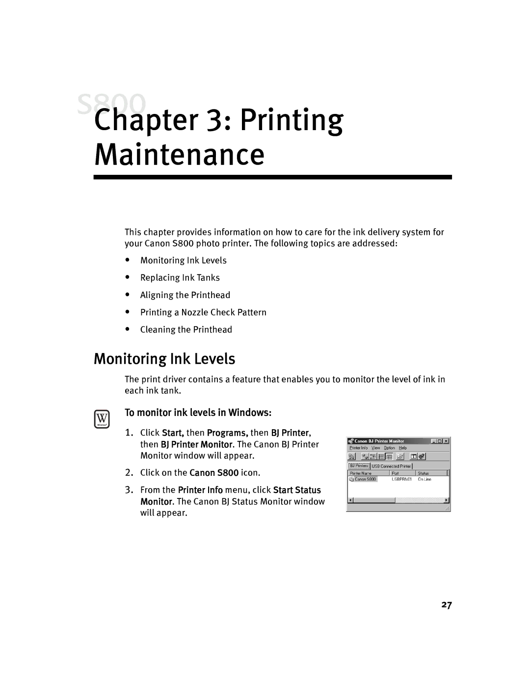 Canon 800 manual Printing Maintenance, Monitoring Ink Levels, To monitor ink levels in Windows 