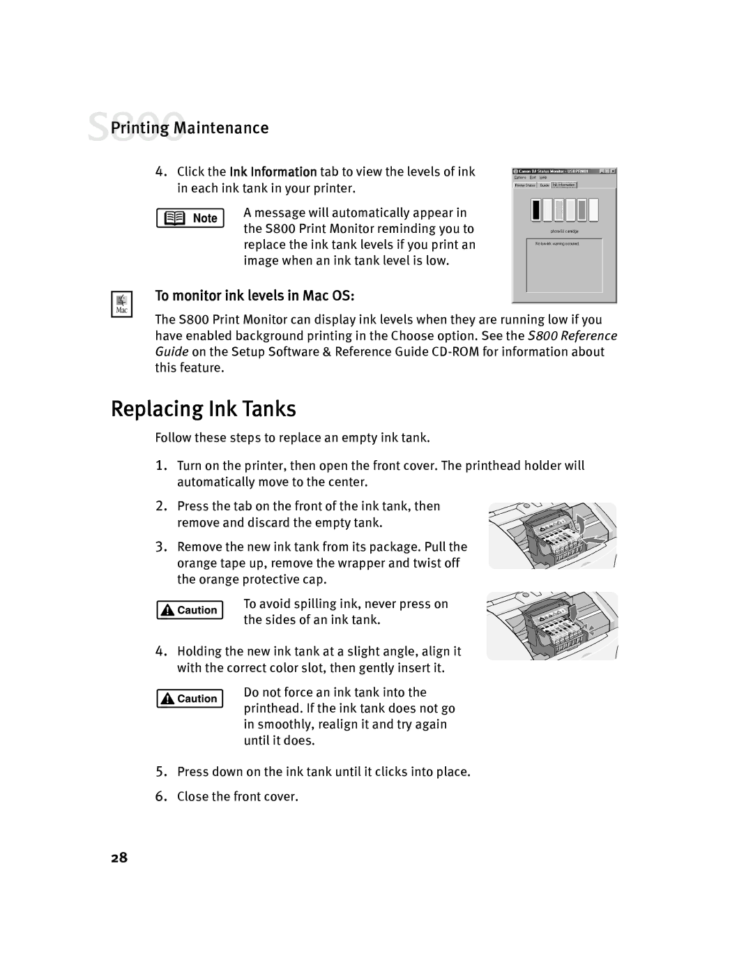 Canon 800 manual Replacing Ink Tanks, To monitor ink levels in Mac OS 