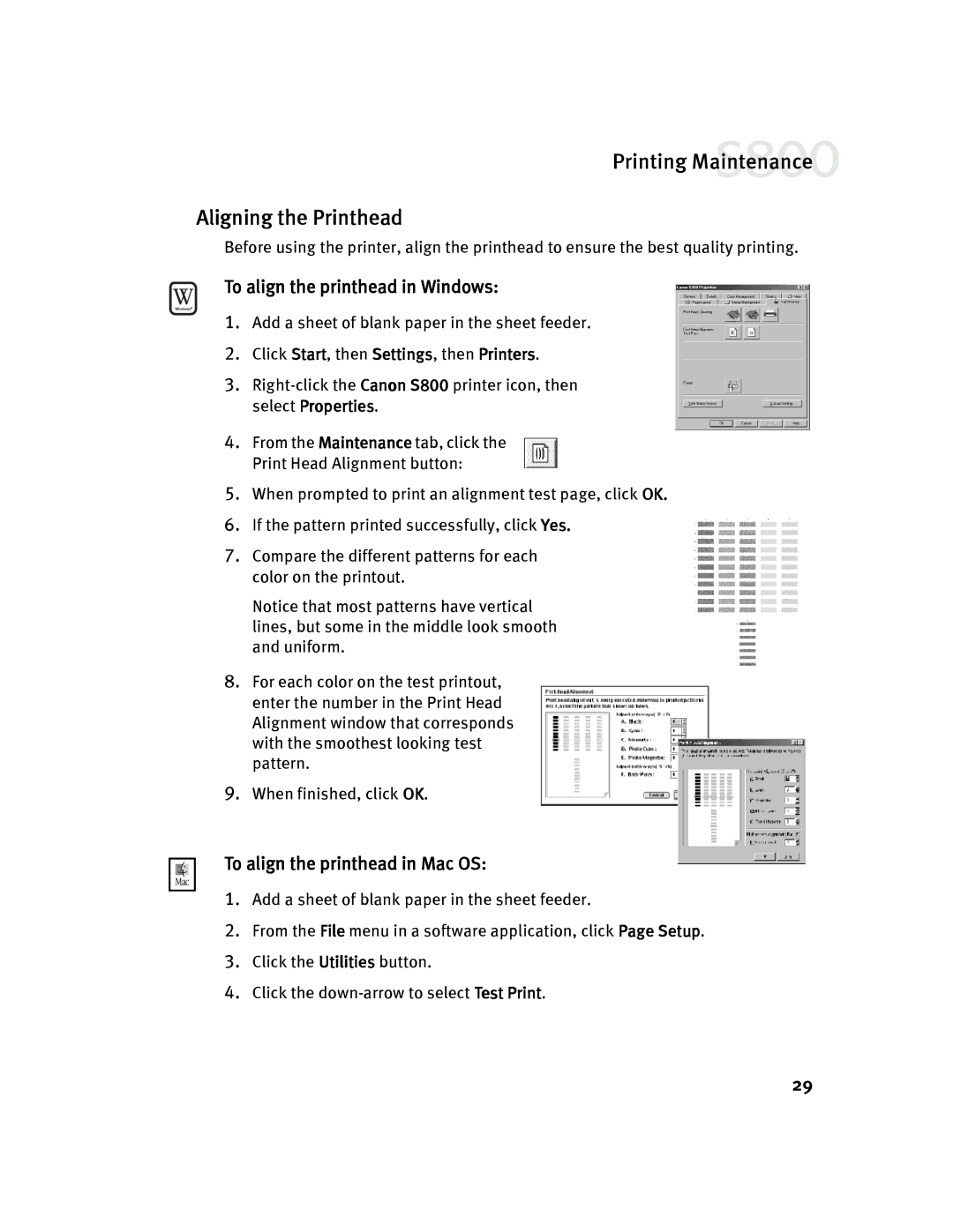 Canon 800 manual Aligning the Printhead, To align the printhead in Windows, To align the printhead in Mac OS 