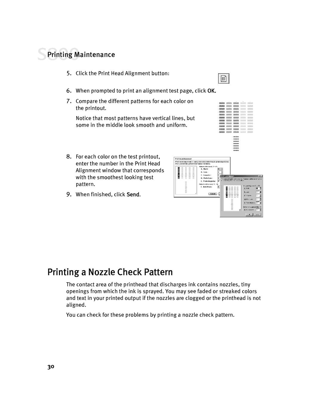 Canon 800 manual Printing a Nozzle Check Pattern 