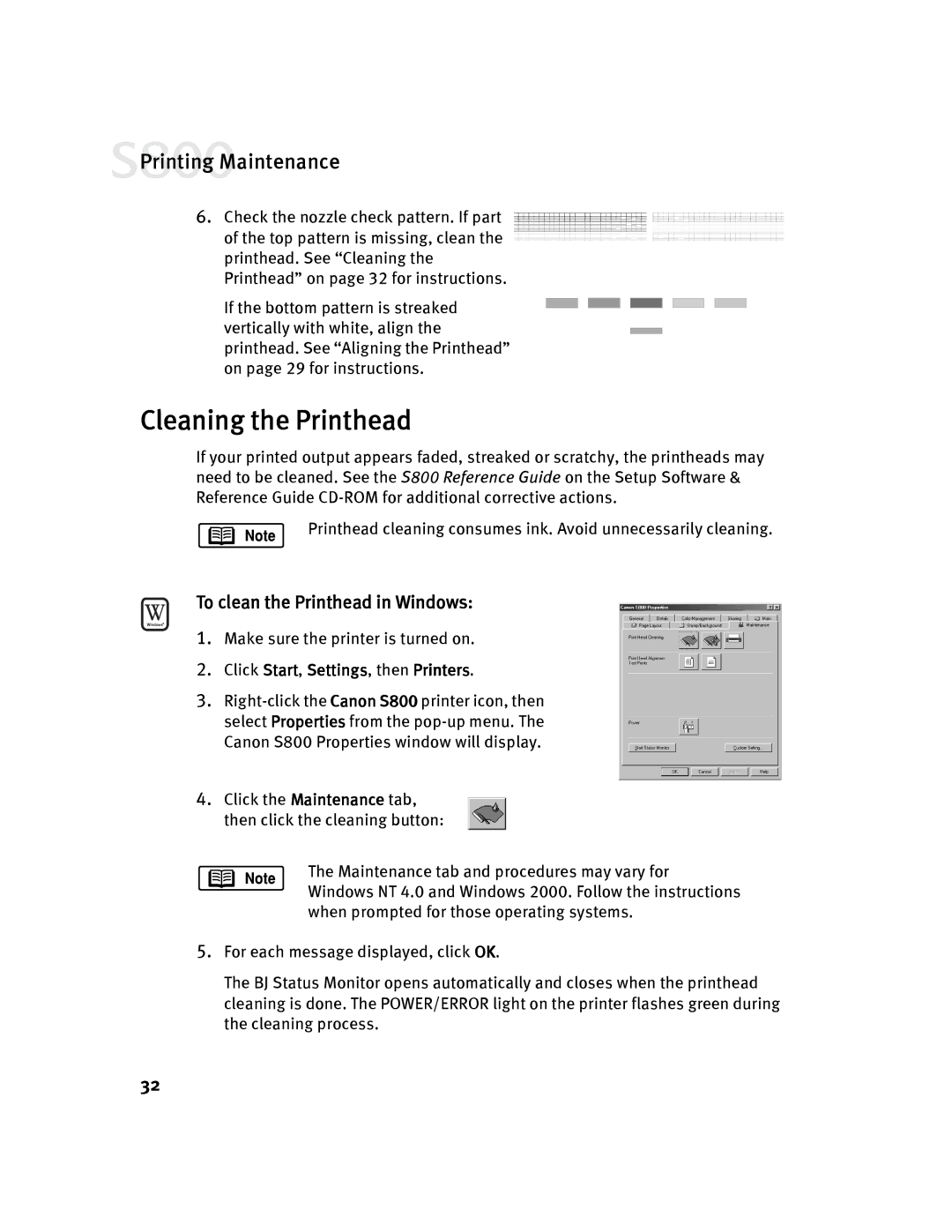 Canon 800 manual Cleaning the Printhead, To clean the Printhead in Windows 
