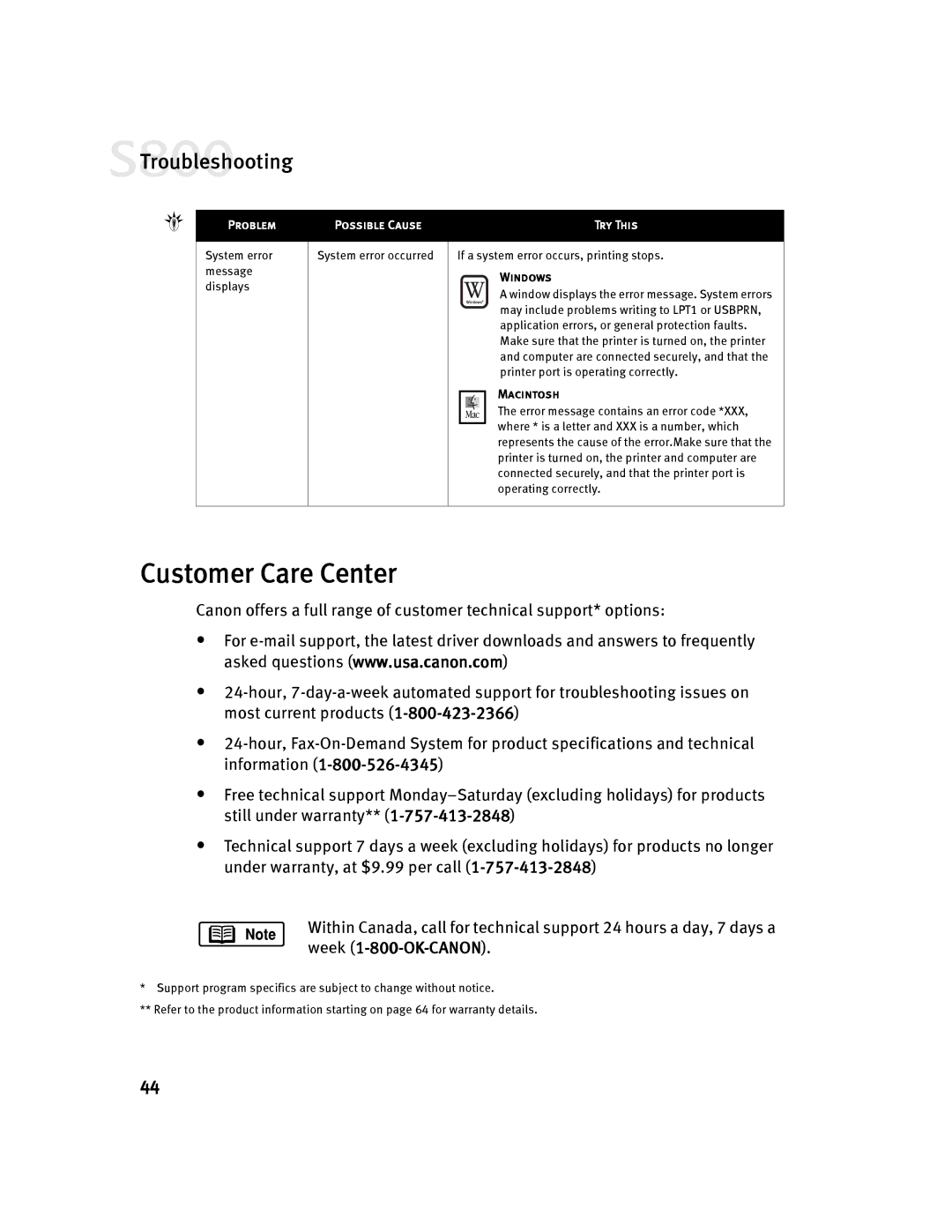 Canon 800 manual Customer Care Center 