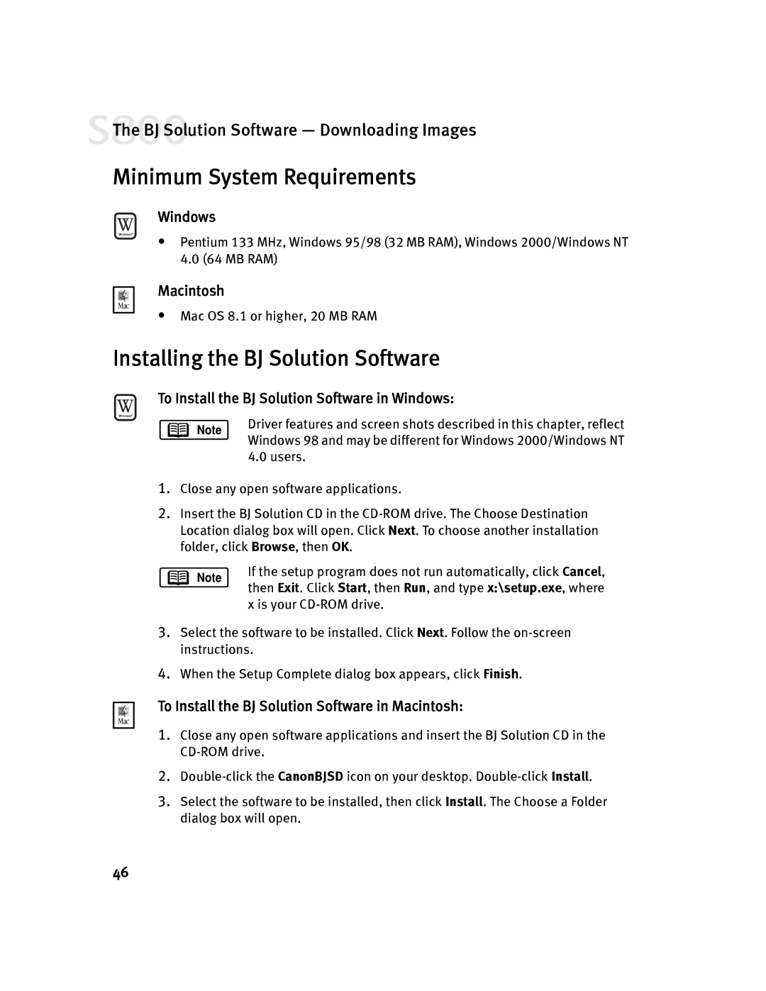 Canon 800 manual Minimum System Requirements, Installing the BJ Solution Software 