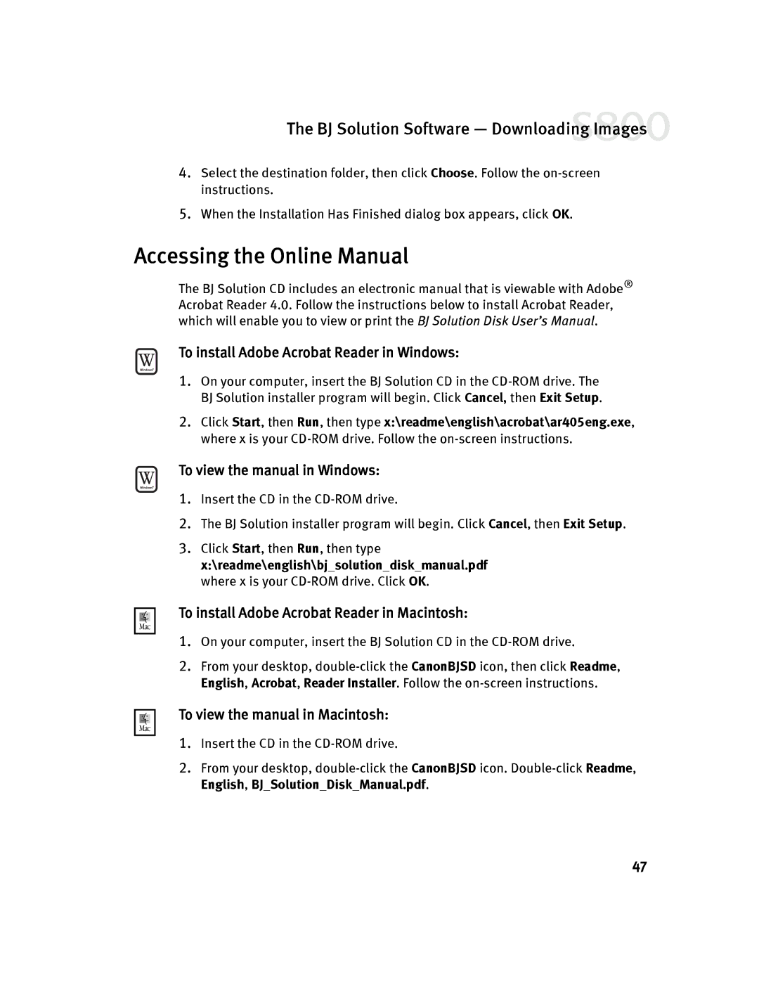 Canon 800 Accessing the Online Manual, To install Adobe Acrobat Reader in Windows, To view the manual in Windows 