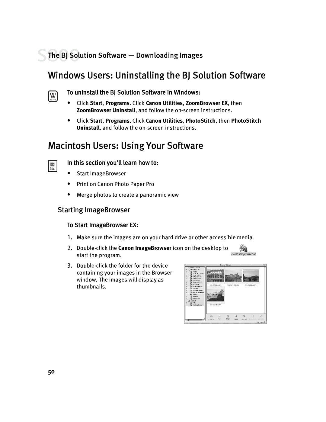 Canon 800 Macintosh Users Using Your Software, Starting ImageBrowser, To uninstall the BJ Solution Software in Windows 