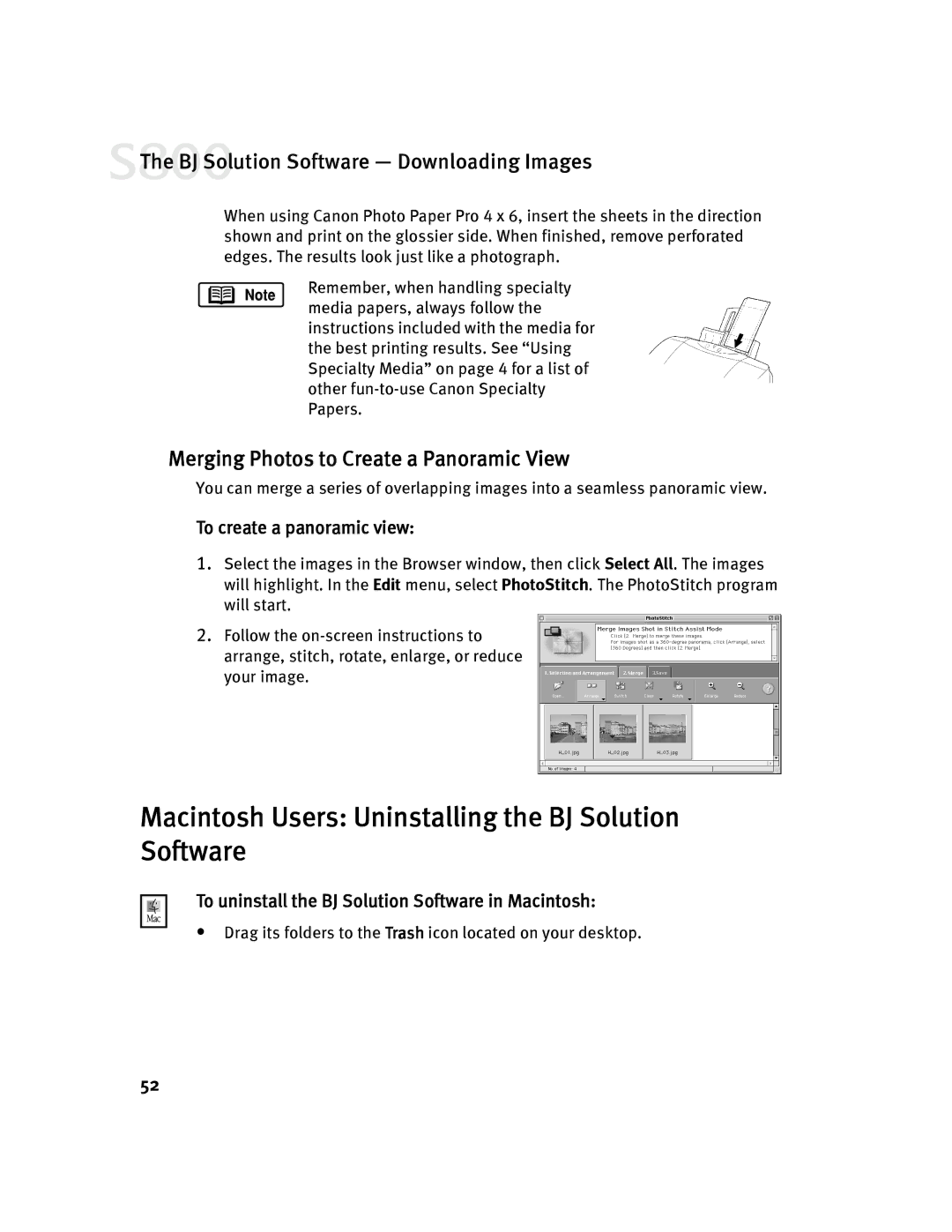 Canon 800 manual Macintosh Users Uninstalling the BJ Solution Software, To uninstall the BJ Solution Software in Macintosh 