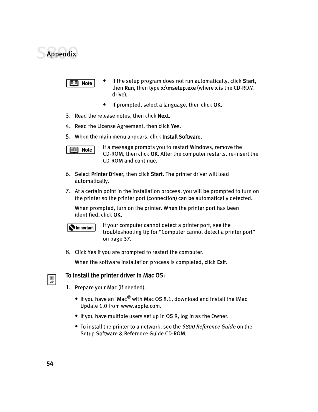 Canon 800 manual To install the printer driver in Mac OS 